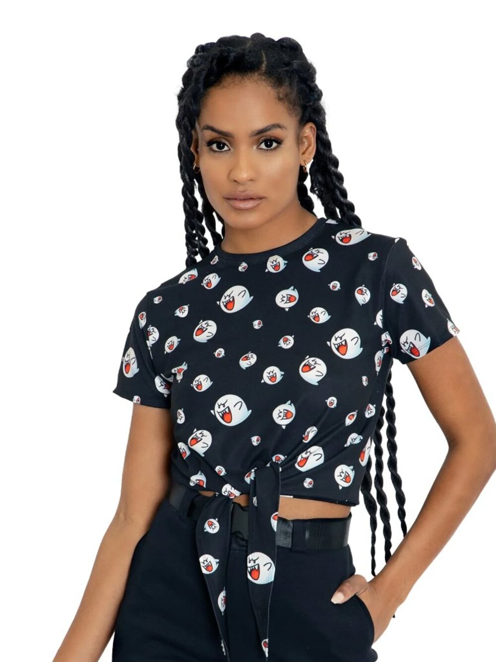 Black Milk Super Mario Bros. Boo Short Sleeve Tie Front Crop Cropped Tee Shirt M